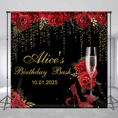 Aperturee - Black Gold Red Rose Custom Name Birthday Backdrop