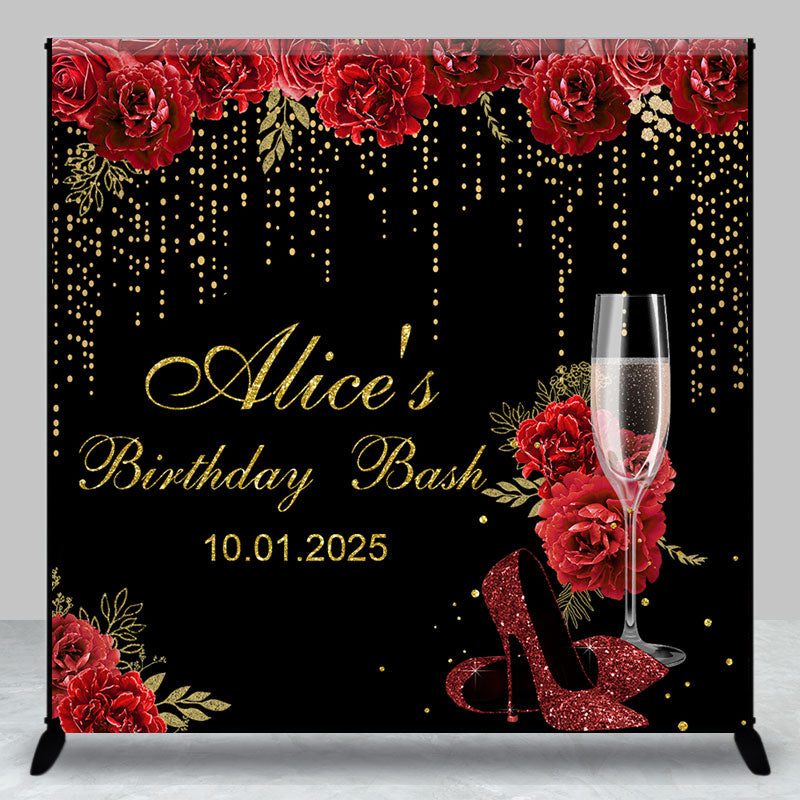 Aperturee - Black Gold Red Rose Custom Name Birthday Backdrop