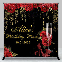 Aperturee - Black Gold Red Rose Custom Name Birthday Backdrop