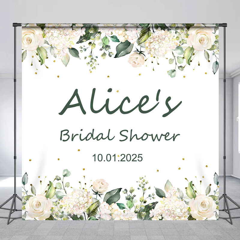 Aperturee - White Floral Leaf Custom Name Bridal Shower Backdrop