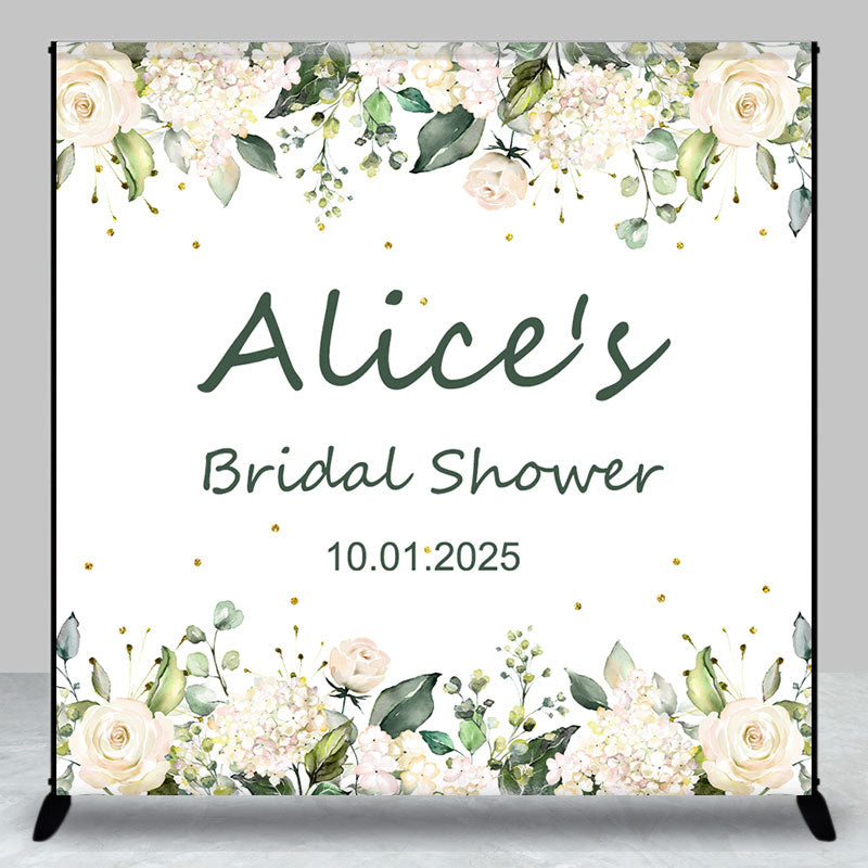 Aperturee - White Floral Leaf Custom Name Bridal Shower Backdrop