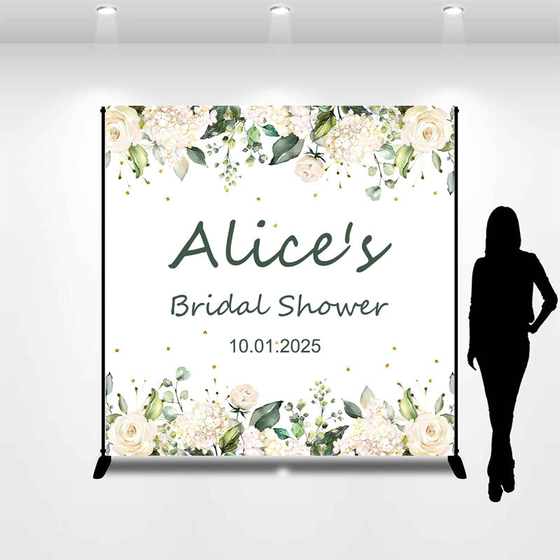 Aperturee - White Floral Leaf Custom Name Bridal Shower Backdrop