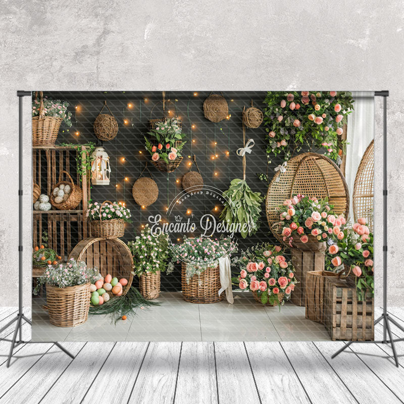 Aperturee - Basket Flowers Black Wall Indoor Photo Backdrop