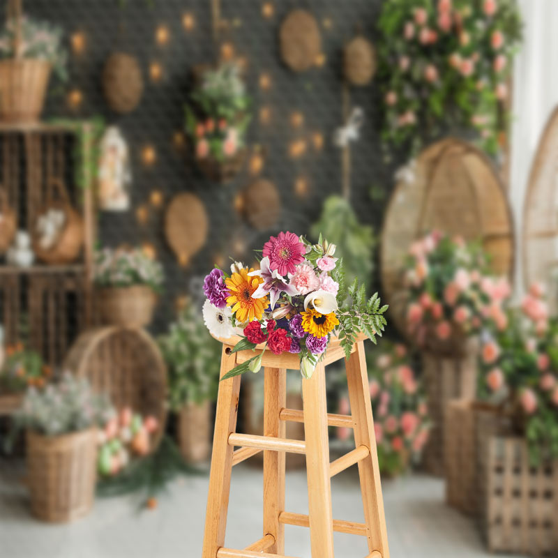 Aperturee - Basket Flowers Black Wall Indoor Photo Backdrop