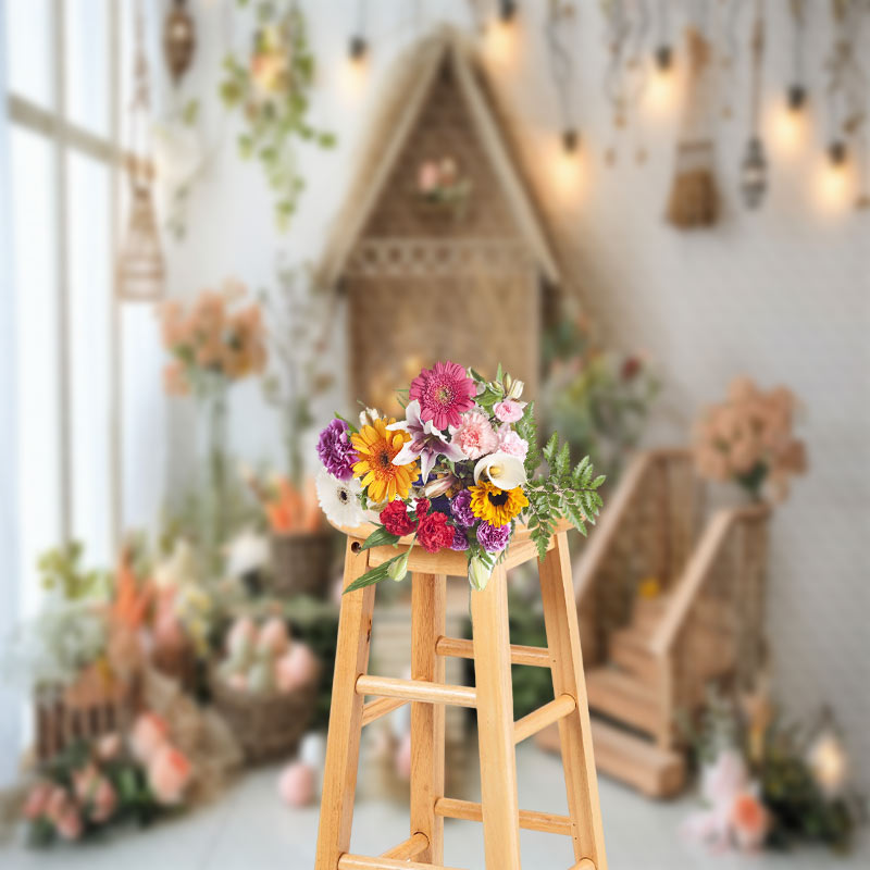 Aperturee - Log Cabin Staircase Easter Egg Spring Photo Backdrop