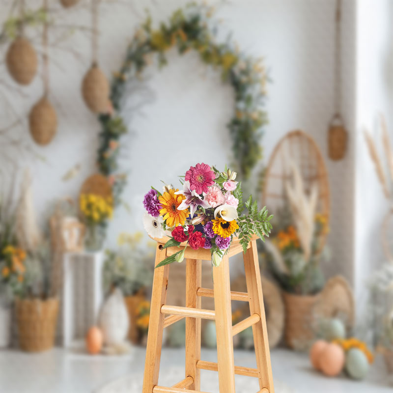 Aperturee - Fresh White Wall Boho Woven Basket Indoor Backdrop