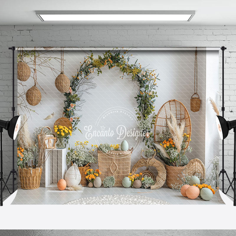 Aperturee - Fresh White Wall Boho Woven Basket Indoor Backdrop