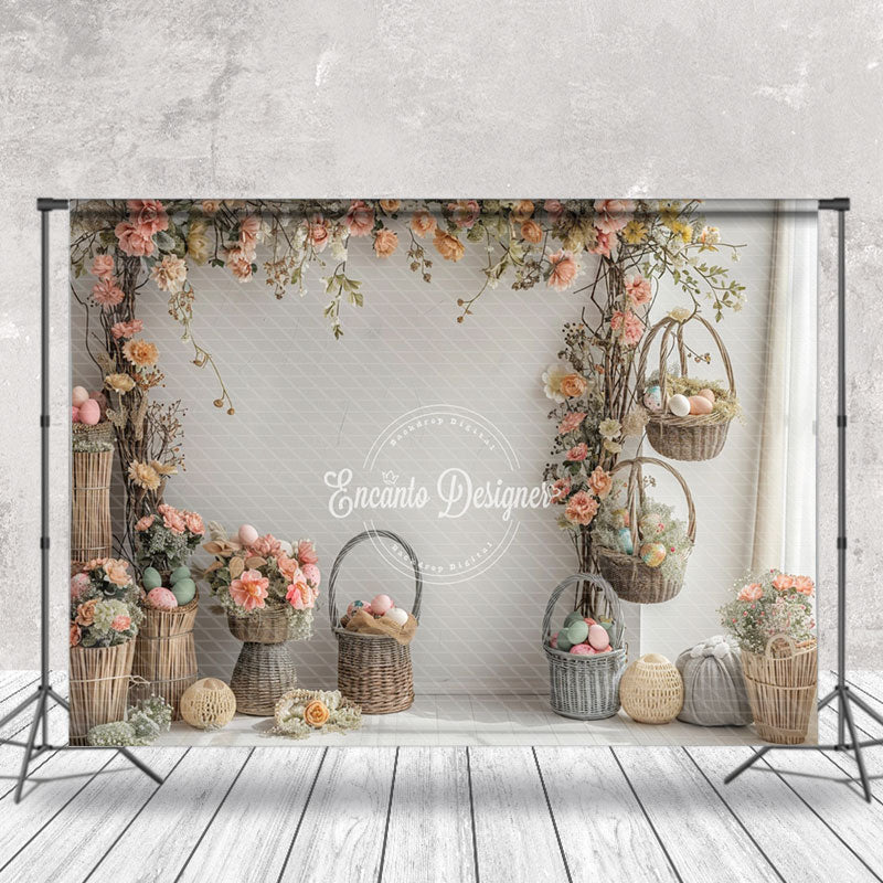 Aperturee - Flowers White Curtain Basket Indoor Spring Backdrop