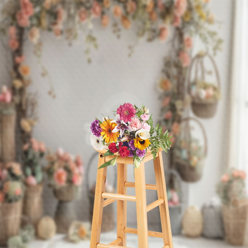 Aperturee - Flowers White Curtain Basket Indoor Spring Backdrop