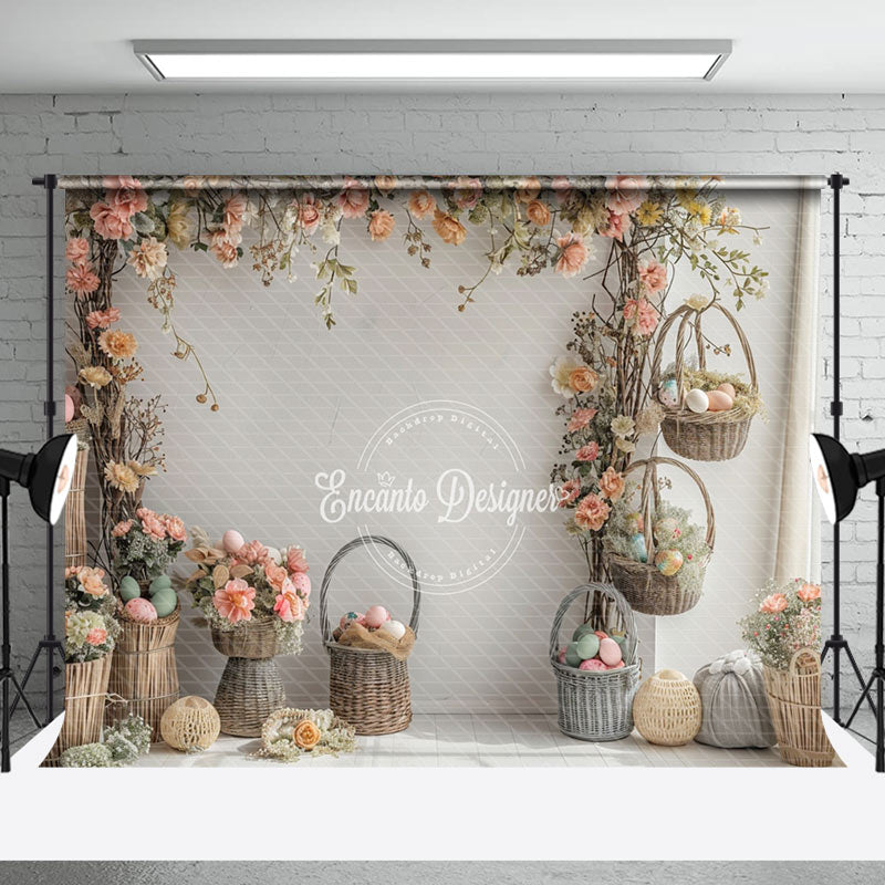 Aperturee - Flowers White Curtain Basket Indoor Spring Backdrop