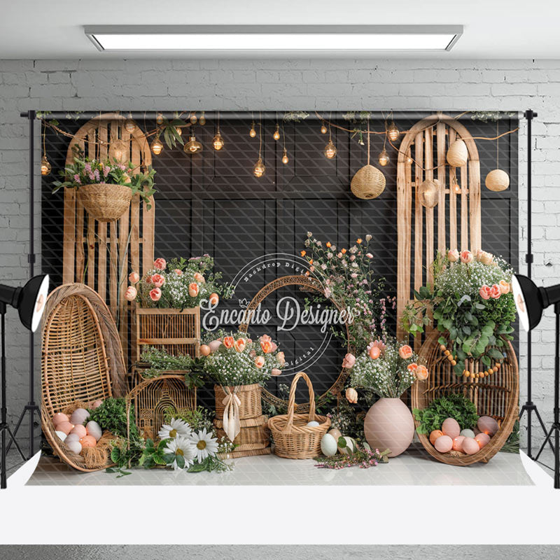 Aperturee - Black Wooden Door Arched Shelf Easter Egg Backdrop