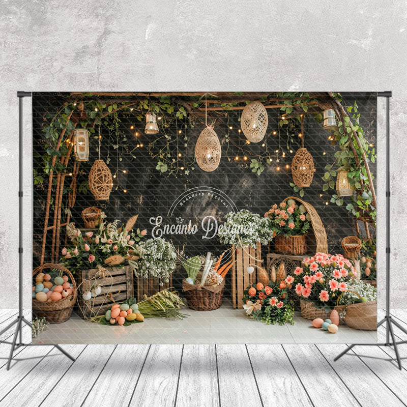 Aperturee - Flowers Lanterns Black Wall Birthday Photo Backdrop