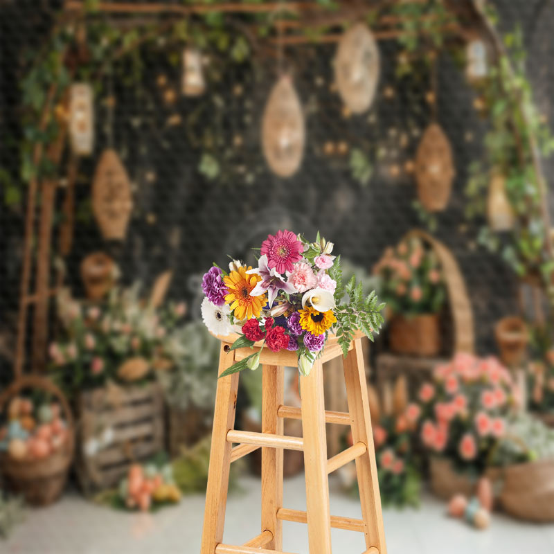 Aperturee - Flowers Lanterns Black Wall Birthday Photo Backdrop