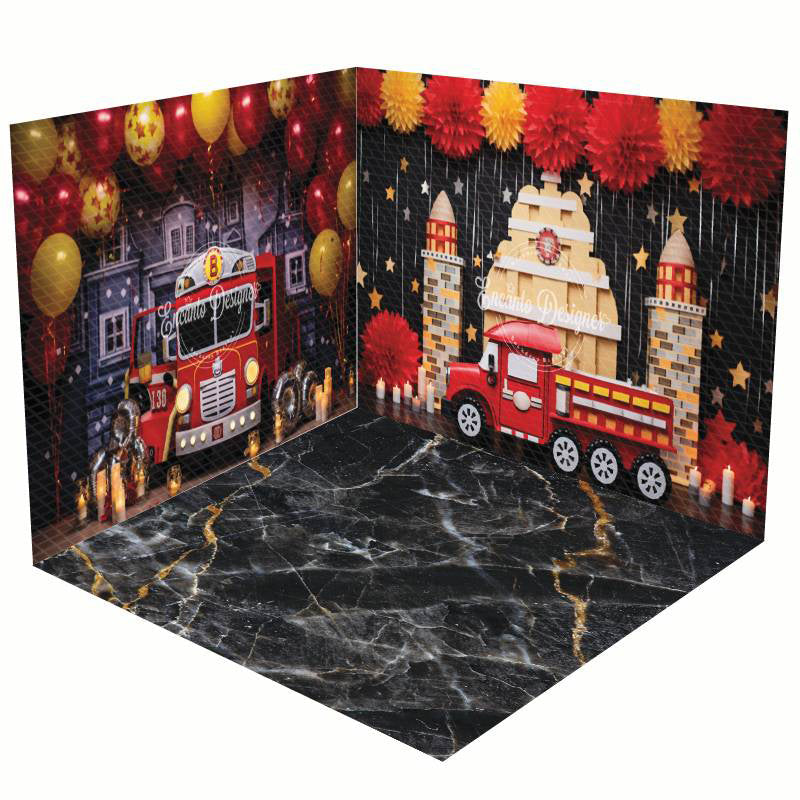 Aperturee - Aperturee Fire Truck Balloons Boy Cake Smash Room Set Backdrop