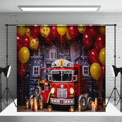 Aperturee - Aperturee Fire Truck Balloons Boy Cake Smash Room Set Backdrop