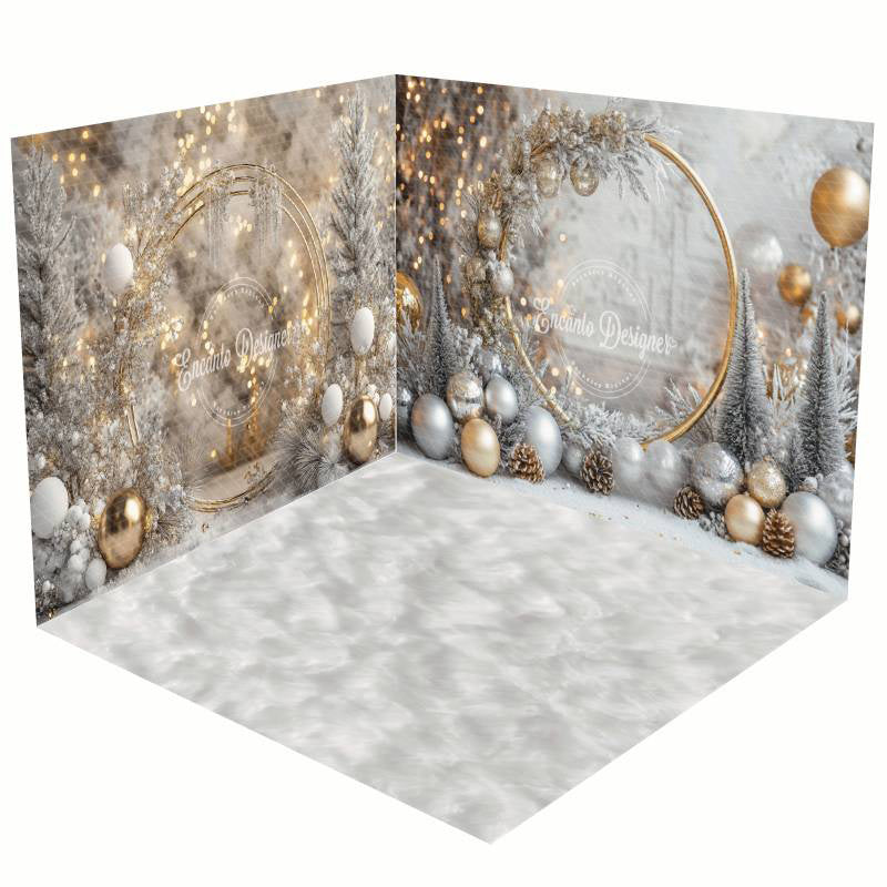 Aperturee - Aperturee Winter Snowy Gold Light Christmas Room Set Backdrop