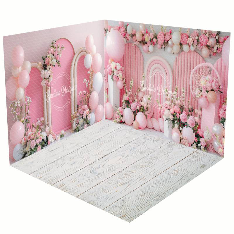 Aperturee - Aperturee Pink Balloon Arch Floral Wedding Room Set Backdrop