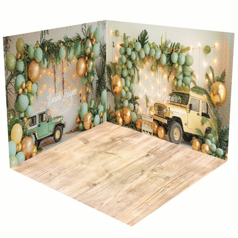 Aperturee - Aperturee Green Balloons Wild Jungle Truck Room Set Backdrop