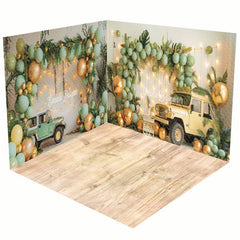 Aperturee - Aperturee Green Balloons Wild Jungle Truck Room Set Backdrop