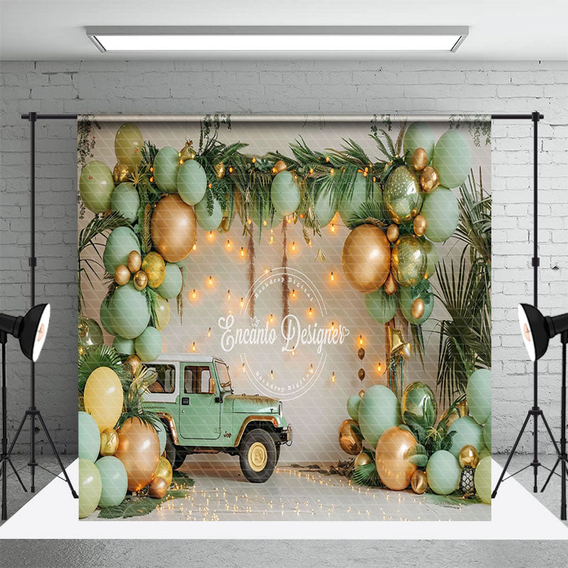 Aperturee - Aperturee Green Balloons Wild Jungle Truck Room Set Backdrop