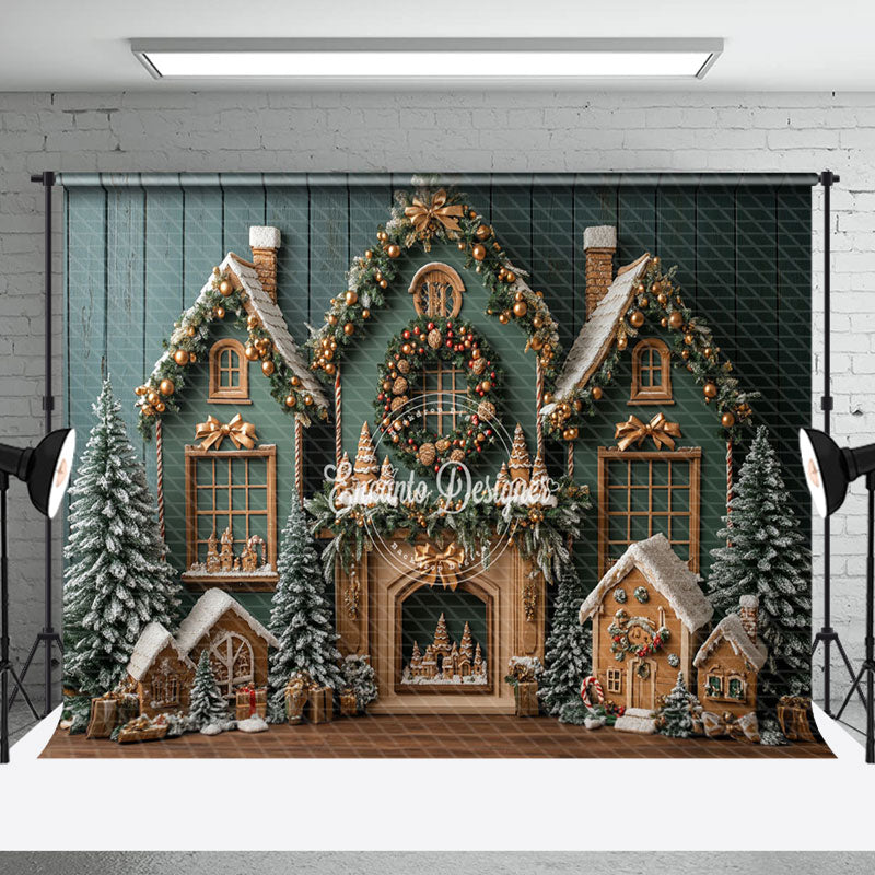 Aperturee - Aperturee Green Festive Christmas Fireplace Room Set Backdrop