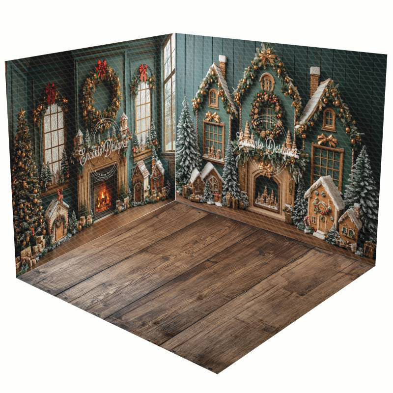 Aperturee - Aperturee Green Festive Christmas Fireplace Room Set Backdrop