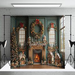 Aperturee - Aperturee Green Festive Christmas Fireplace Room Set Backdrop