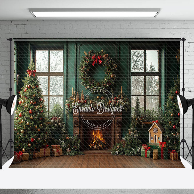 Aperturee - Aperturee Green Retro Christmas Fireplace Room Set Backdrop