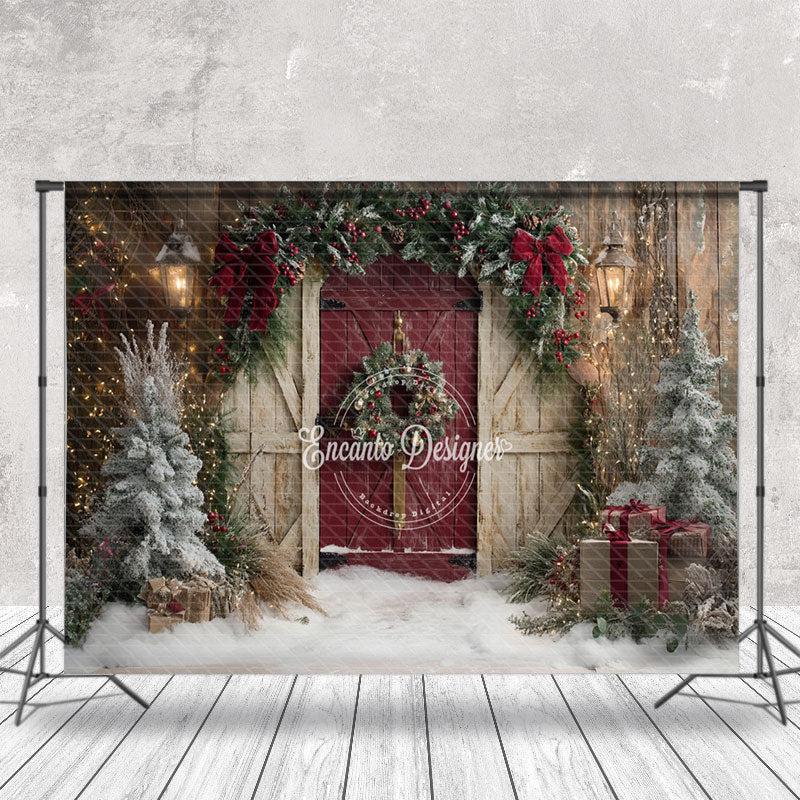 Aperturee - Aperturee Wooden Beige Red Door Xmas Tree Christmas Backdrop