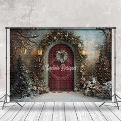 Aperturee - Aperturee Retro Red Door Snowy Trees Christmas Photo Backdrop