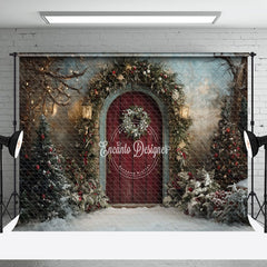 Aperturee - Aperturee Retro Red Door Snowy Trees Christmas Photo Backdrop