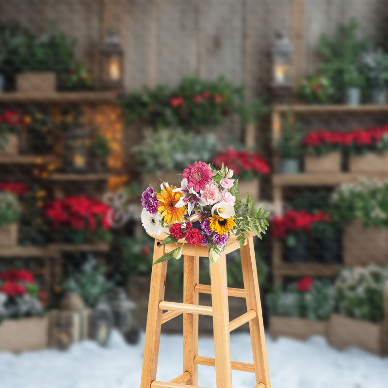 Aperturee - Aperturee Red Floral Greenery Snowy Field Christmas Backdrop