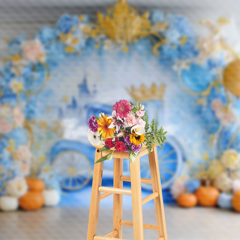 Aperturee - Aperturee Princess Carriage Floral Pumpkin Cake Smash Backdrop