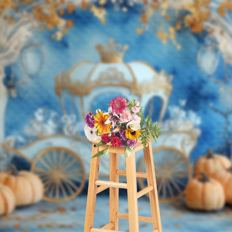 Aperturee - Aperturee Gold Blue Carriage Pumpkin Cake Smash Photo Backdrop