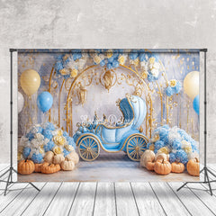 Aperturee - Aperturee Blue Carriage Floral Pumpkins Cake Smash Backdrop