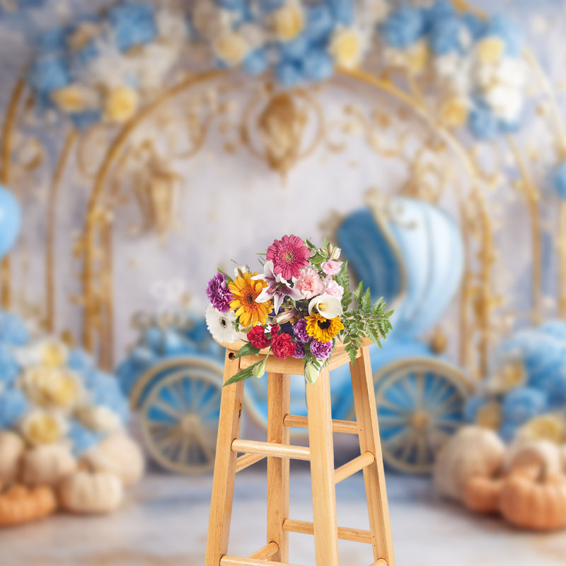 Aperturee - Aperturee Blue Carriage Floral Pumpkins Cake Smash Backdrop