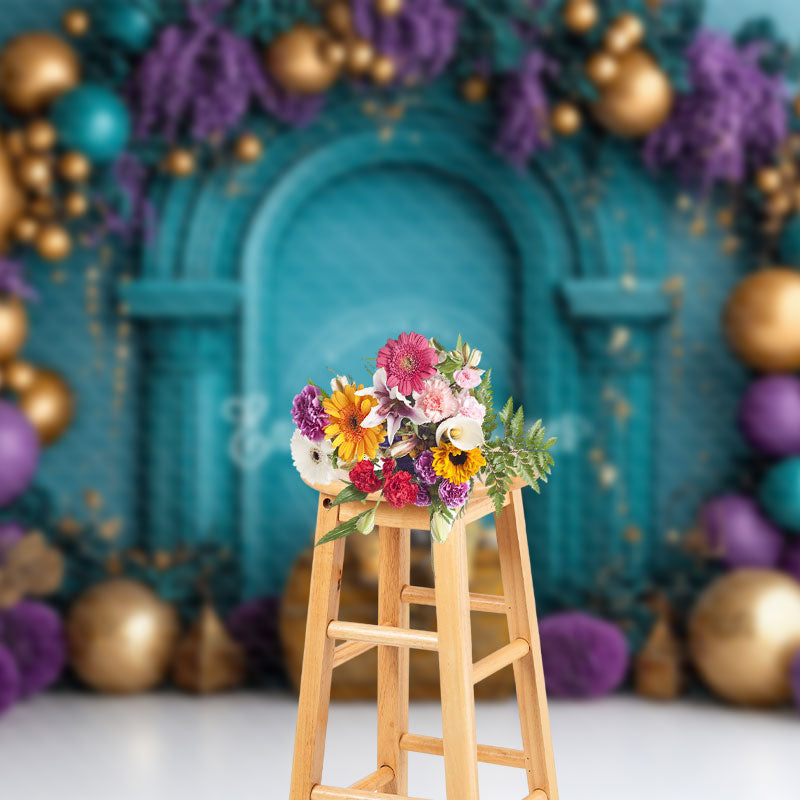 Aperturee - Aperturee Gold Purple Balloon Floral Tiger Cake Smash Backdrop