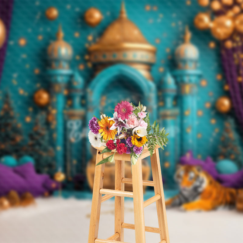 Aperturee - Aperturee Teal Islamic Architecture Tiger Cake Smash Backdrop