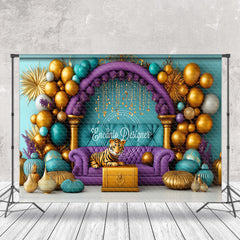 Aperturee - Aperturee Balloons Green Wall Purple Sofa Cake Smash Backdrop