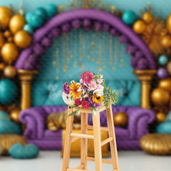 Aperturee - Aperturee Balloons Green Wall Purple Sofa Cake Smash Backdrop