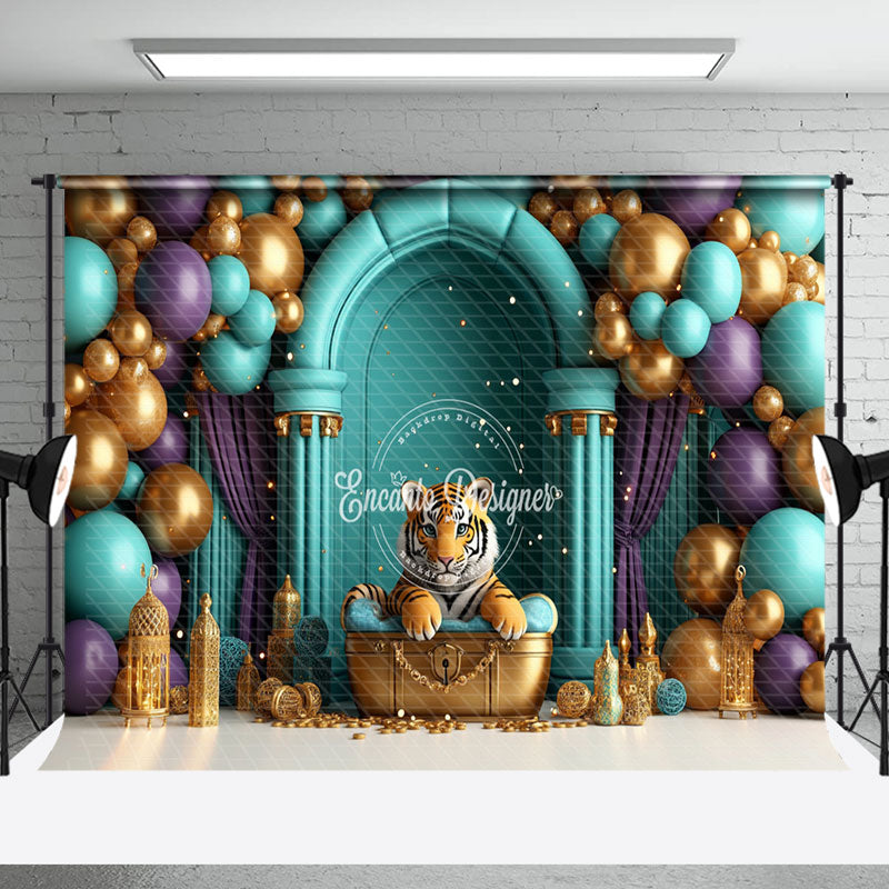 Aperturee - Aperturee Tiger Treasure Green Wall Balloon Cake Smash Backdrop