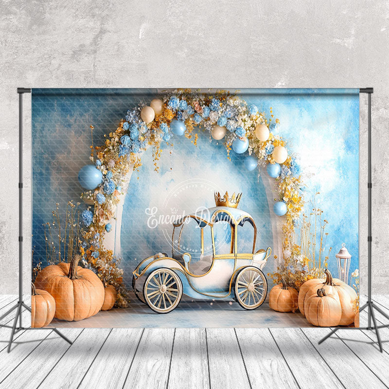 Aperturee - Aperturee Blue Wall Floral Carriage Pumpkin Cake Smash Backdrop