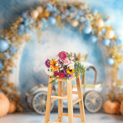 Aperturee - Aperturee Blue Wall Floral Carriage Pumpkin Cake Smash Backdrop