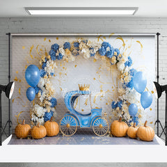 Aperturee - Aperturee Floral Arch Blue Carriage Cake Smash Photo Backdrop