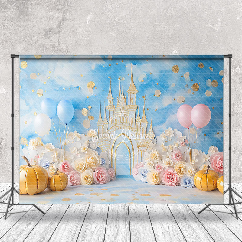 Aperturee - Aperturee Fairy Tale Castle Floral Pumpkin Cake Smash Backdrop