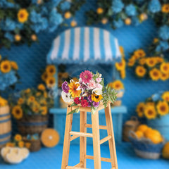 Aperturee - Aperturee Sunflower Blue Summer Lemonade Stand Photo Backdrop