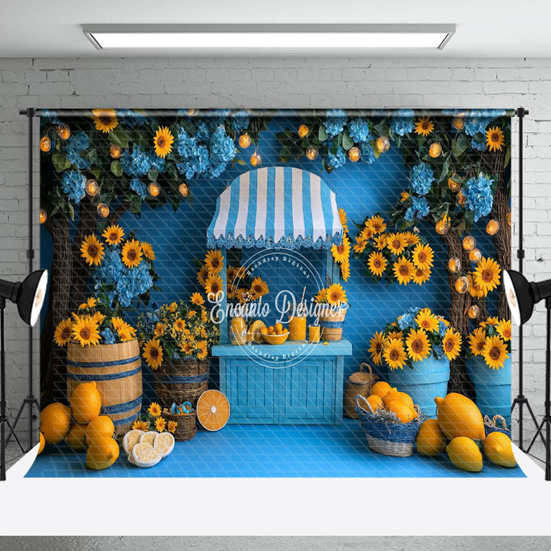 Aperturee - Aperturee Sunflower Blue Summer Lemonade Stand Photo Backdrop