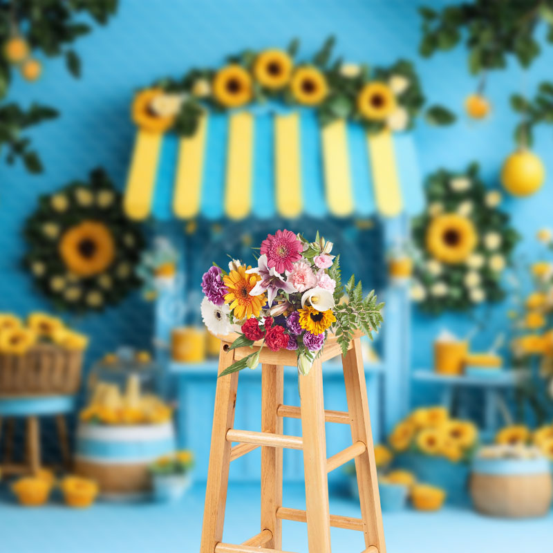 Aperturee - Aperturee Lemon Tree Blue Stand Floral Summer Photo Backdrop