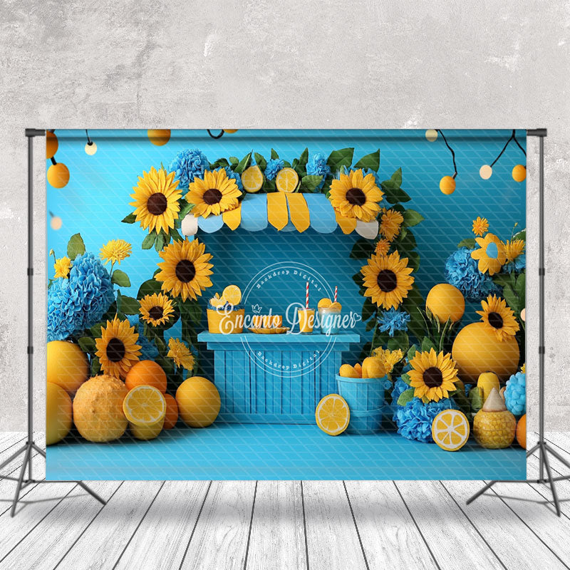 Aperturee - Aperturee Blue Lemonade Stand Sunflower Summer Photo Backdrop