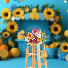 Aperturee - Aperturee Blue Lemonade Stand Sunflower Summer Photo Backdrop